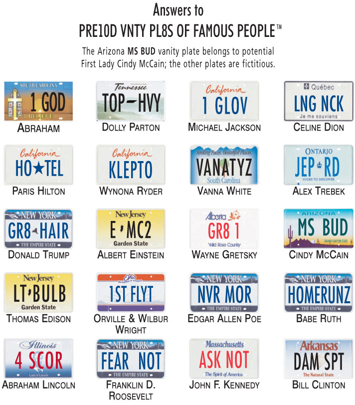 Vanity plates of famous people answers